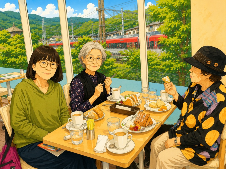 登山電車を眺めるカフェで（イラスト）