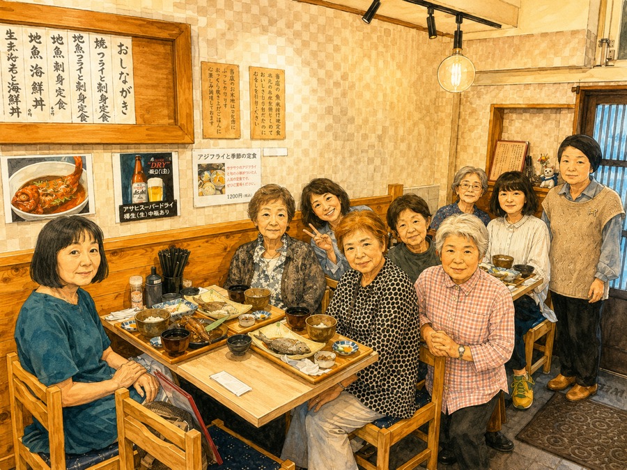 海鮮料理店おととでのみんなのようす（イラスト）