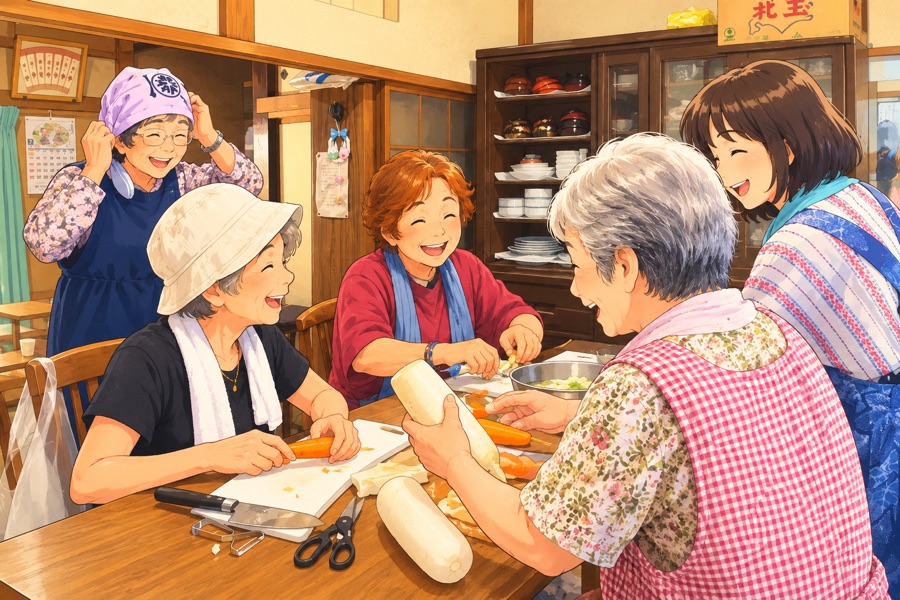 公民館で下ごしらえのようす（イラスト）