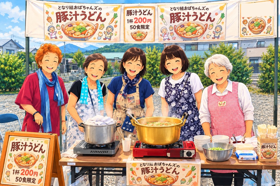 豚汁うどんの出店のようす（イラスト）