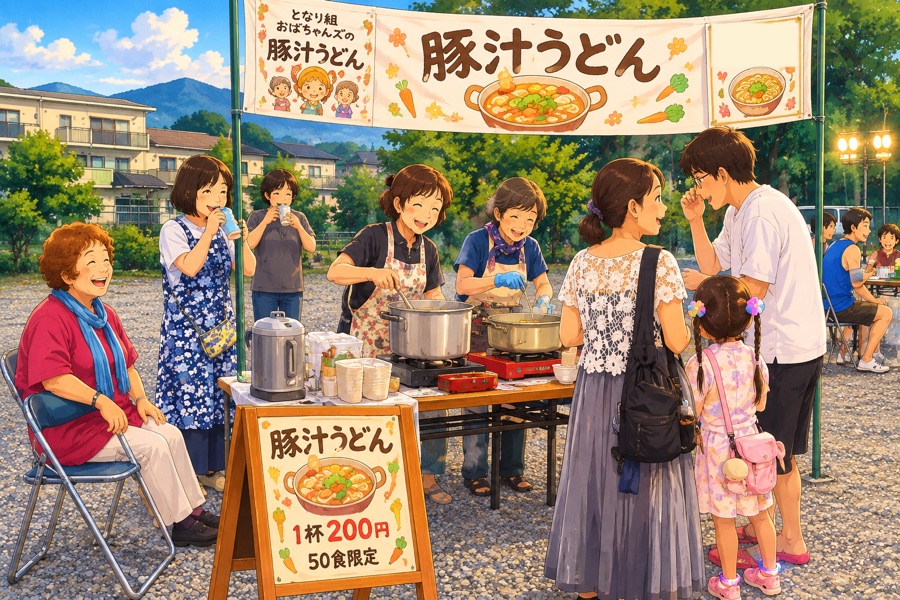 夏祭り会場でふるまうようす（イラスト）